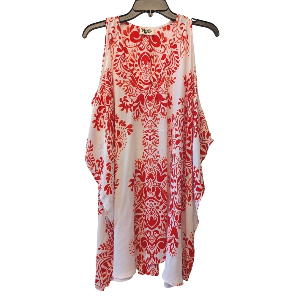 Show Me Your Mumu Peta-Boo Tunic Red White Medallion V-Neck Chiffon Small MS7-34
